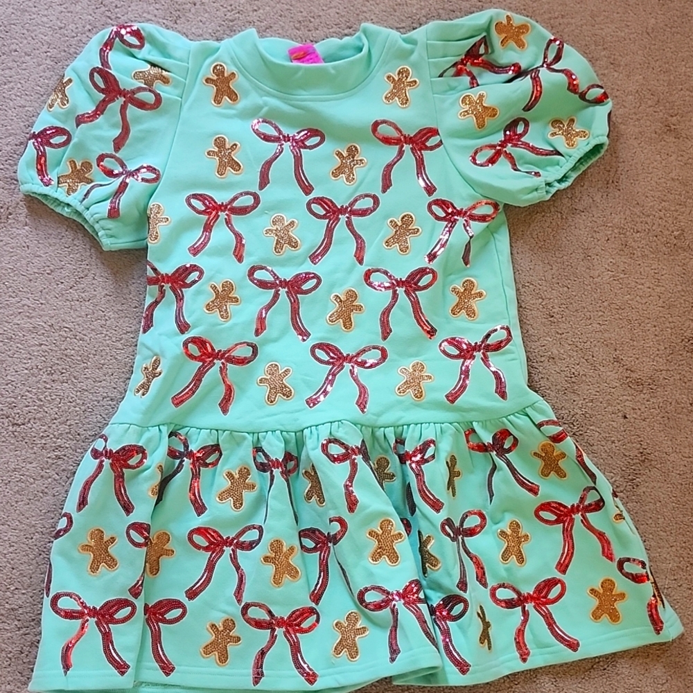 QUEEN OF SPARKLES Mint Green Dress with Red Bows and Gold Gingerbread